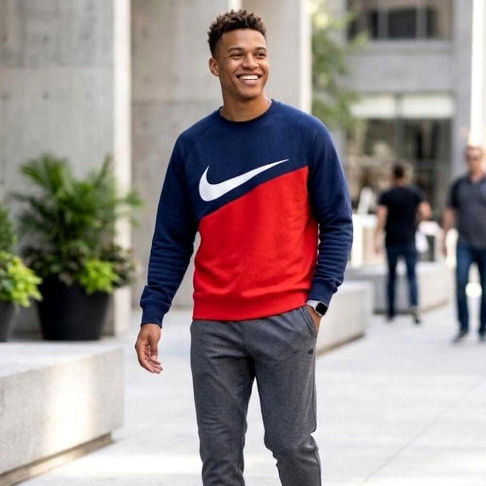 Nike Big Swoosh Crewneck Sweatshirt Red Blue Colorblock Pullover XXL Jumper